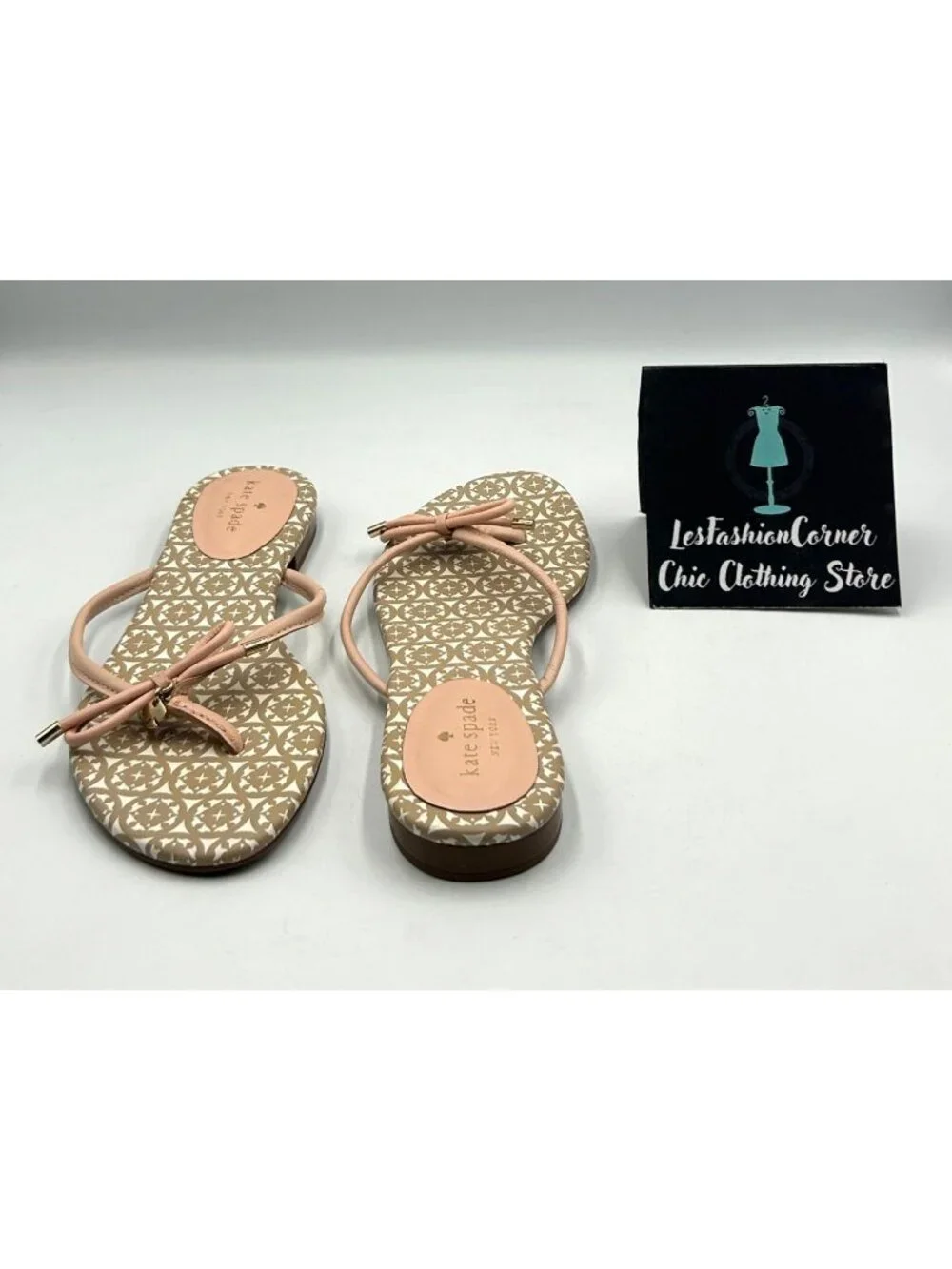 Kate Spade Women's Beige Pink Leather Mistic Bow Flats Sandals Size 9.5 3615